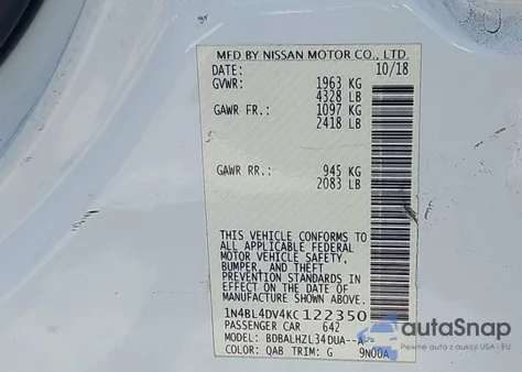 2019 Nissan Altima 2.5 Sv z USA, uszkodzony, nr VIN 1N4BL4DV4KC122350